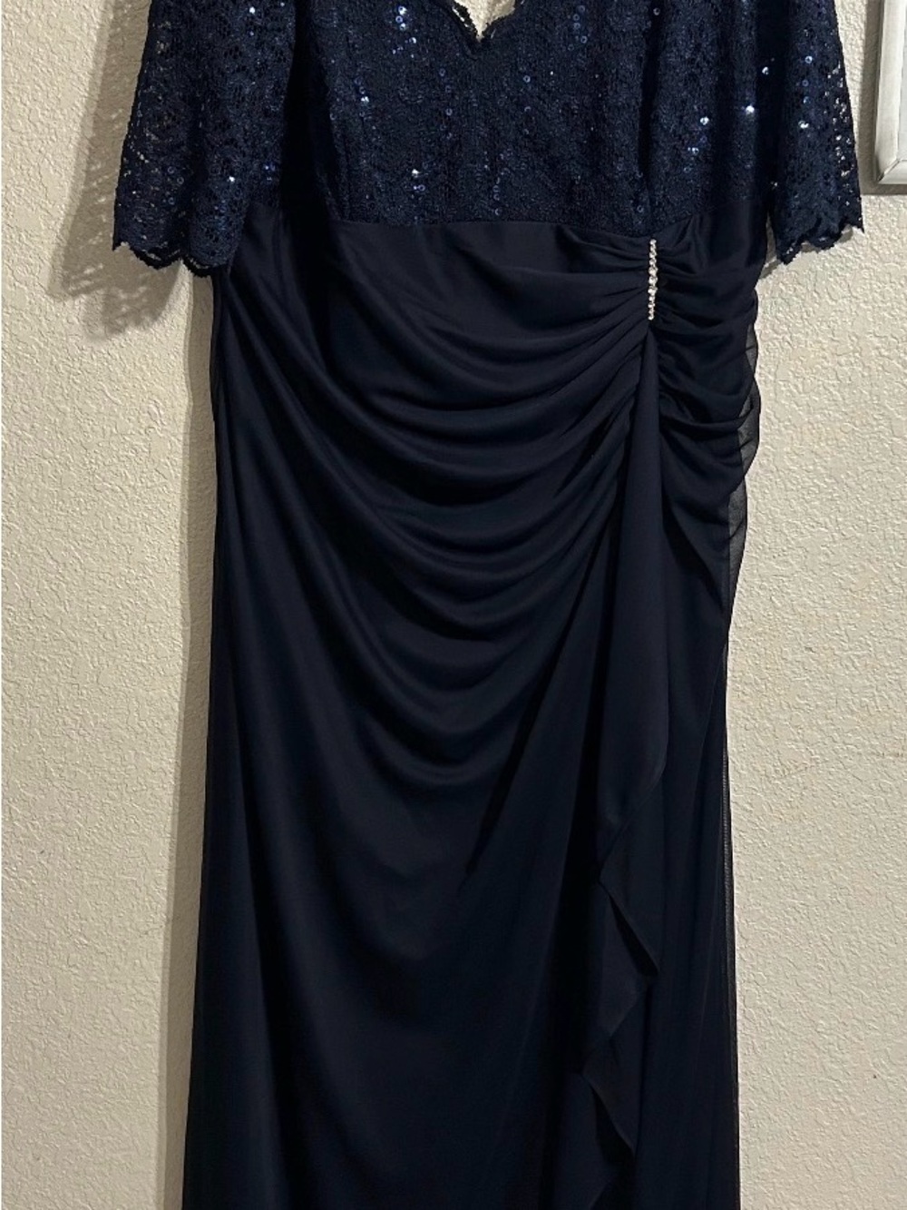 Navy Long-Sleeve Lace & Draped Evening Gown